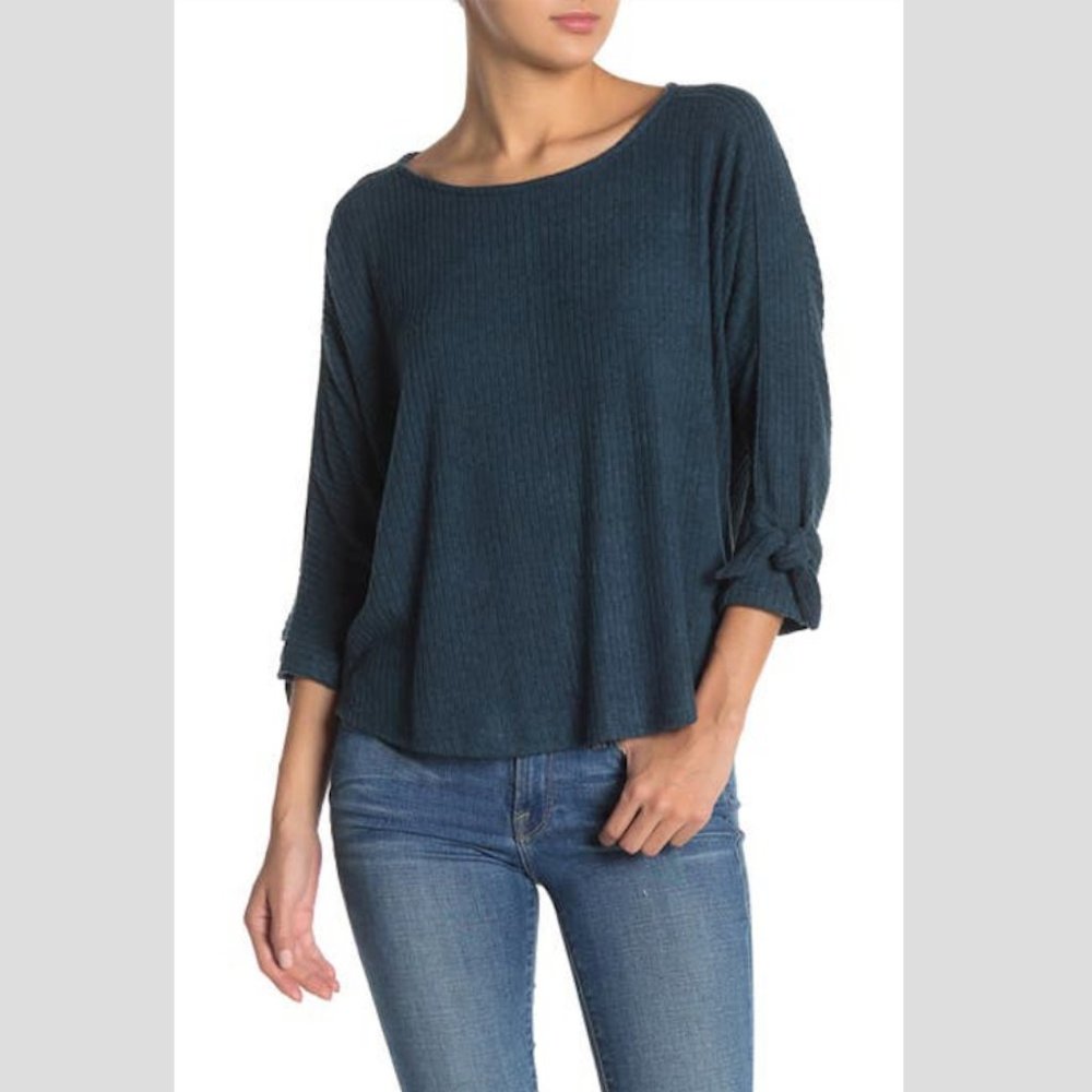 Bobeau Teal Ribbed Tie Sweater